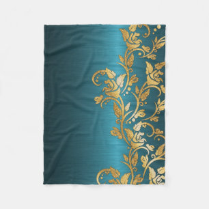 Vintage Chic Gold Aqua Floral Glitter Photo Print Fleece Blanket