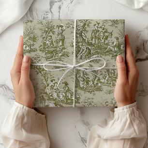 Vintage Chic Green Grey Toile de Jouy Scenes Wrapping Paper