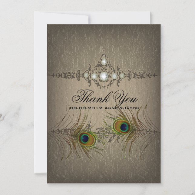 Vintage chic peacock wedding Thank you Card (Front)