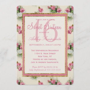 Vintage Chic Rose Floral Sweet 16 Invitations