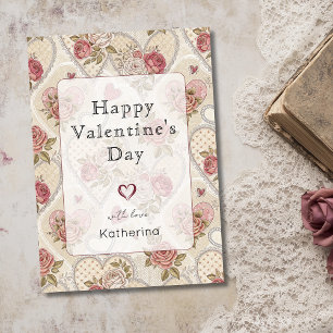 Vintage Chic Rose Heart Happy Valentines Day Holiday Card
