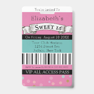Vintage Chic Teal Pink VIP Sweet 16 Party Badge
