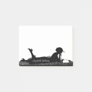 Vintage Chic Young Woman Reading a Book with Name Post-it Notes