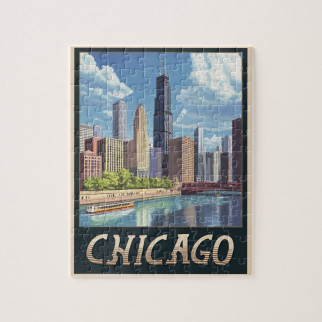 Vintage Chicago City Skyline Jigsaw Puzzle (Vertical)