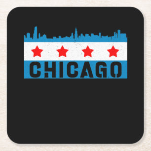 Vintage Chicago Flag Skyline Square Paper Coaster
