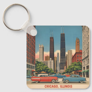 Vintage Chicago Illinois City Skyline Retro Travel Keychain