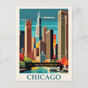 Vintage Chicago Illinois City Skyline Retro Travel Postcard