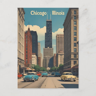 Vintage Chicago Illinois City Skyline Retro Travel Postcard