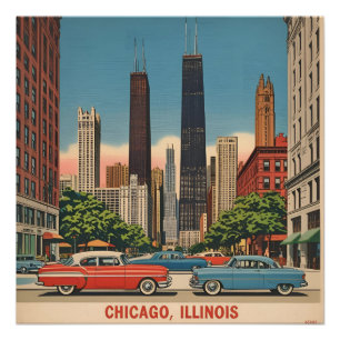 Vintage Chicago Illinois City Skyline Retro Travel Poster