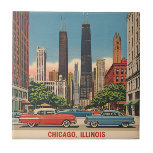 Vintage Chicago Illinois City Skyline Retro Travel Tile