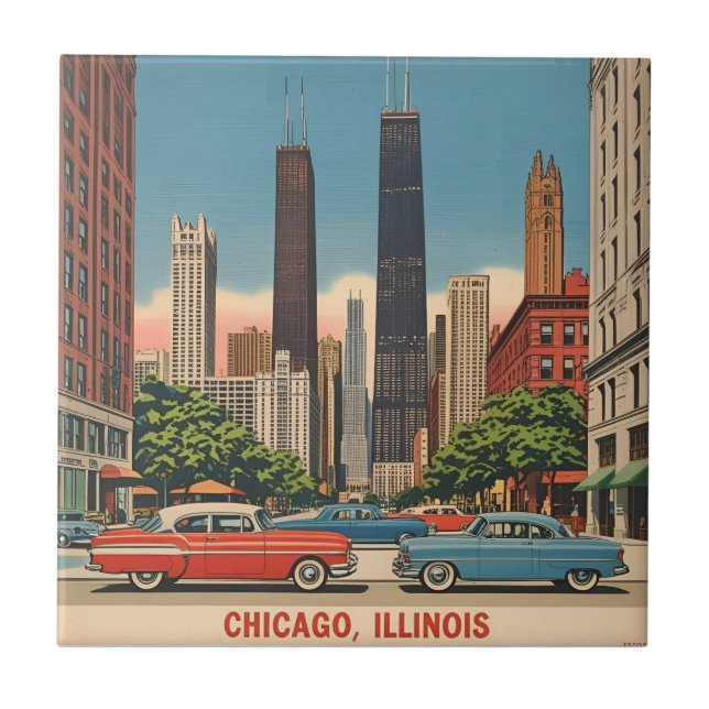 Vintage Chicago Illinois City Skyline Retro Travel Tile (Front)
