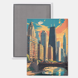 Vintage Chicago Illinois Colorful Painting Skyline Magnet