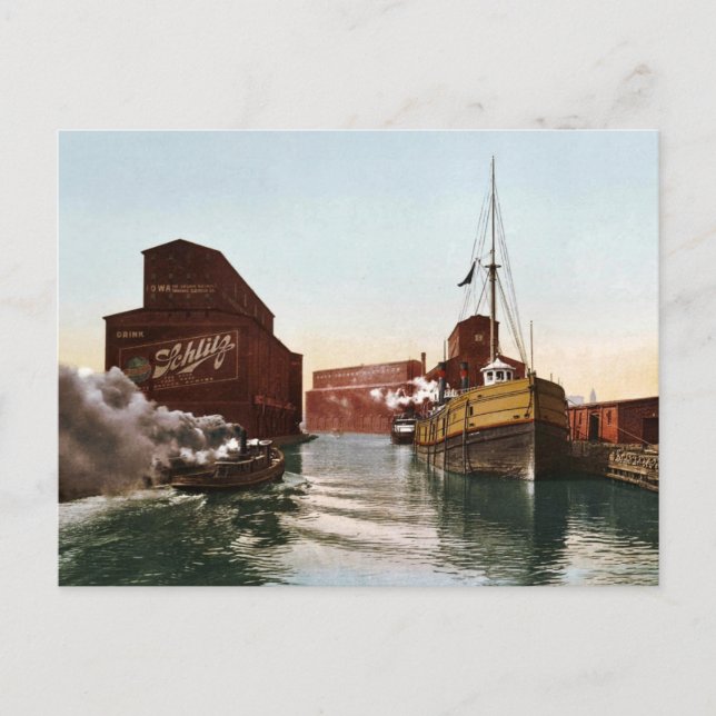 Vintage Chicago River Elevators 1900 Postcard (Front)
