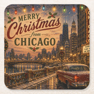 Vintage Chicago Route 66 Christmas City Lights Square Paper Coaster