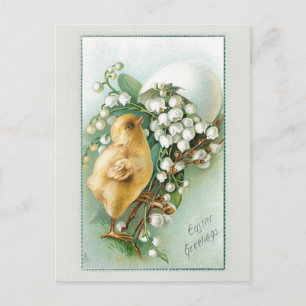 Vintage Chick, Easter Egg and Lily of the Valley Holiday Postcard
