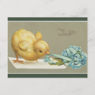 Vintage Chick Pulling Flowers Easter Postcard