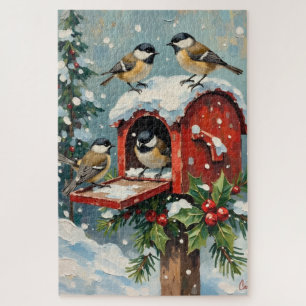 Vintage Chickadees on Snowy Christmas Mailbox Jigsaw Puzzle