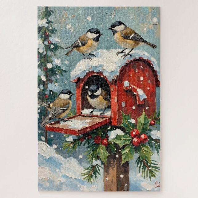 Vintage Chickadees on Snowy Christmas Mailbox Jigsaw Puzzle (Vertical)