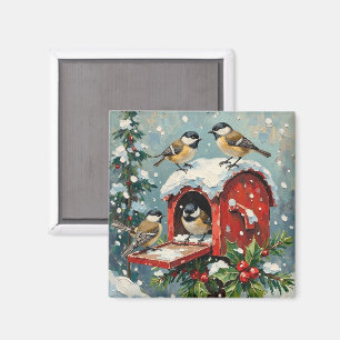 Vintage Chickadees on Snowy Christmas Mailbox Magnet