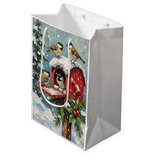 Vintage Chickadees on Snowy Christmas Mailbox Medium Gift Bag