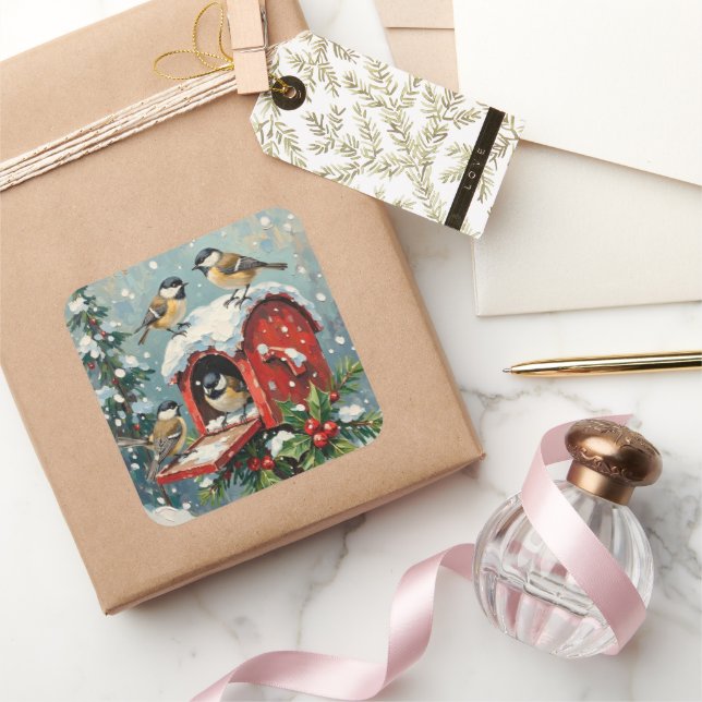 Vintage Chickadees on Snowy Christmas Mailbox Square Sticker (Gifting)