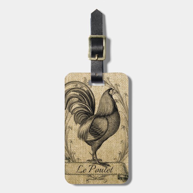 Vintage Chicken Burlap Luggage Tag (Front Vertical)