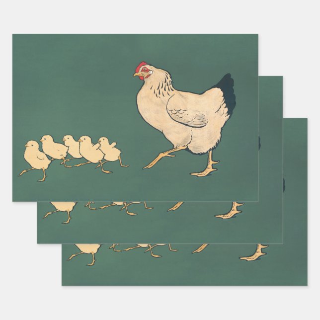 Vintage Chicken Decoupage Rooster Rustic Wrapping Paper Sheet (Set)