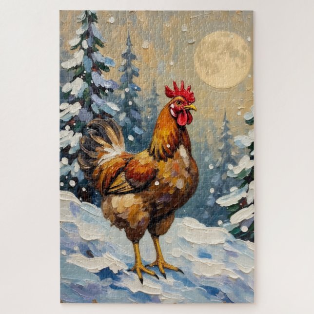 Vintage Chicken in Snowy Christmas Wonderland Jigsaw Puzzle (Vertical)