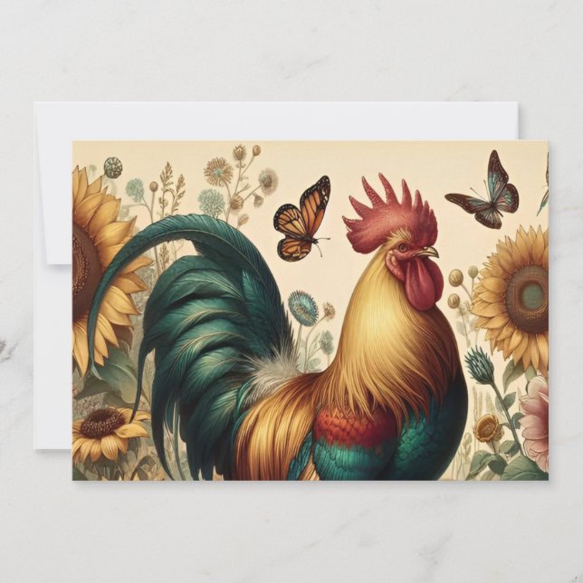 Vintage Chicken Rooster Aesthetic and Wildflower Invitation (Front)