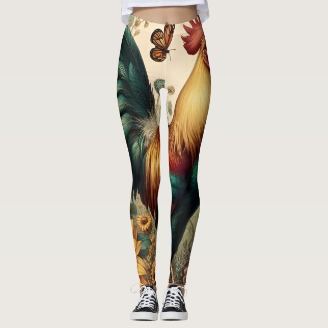 Vintage Chicken Rooster Aesthetic and Wildflower Leggings (Front)