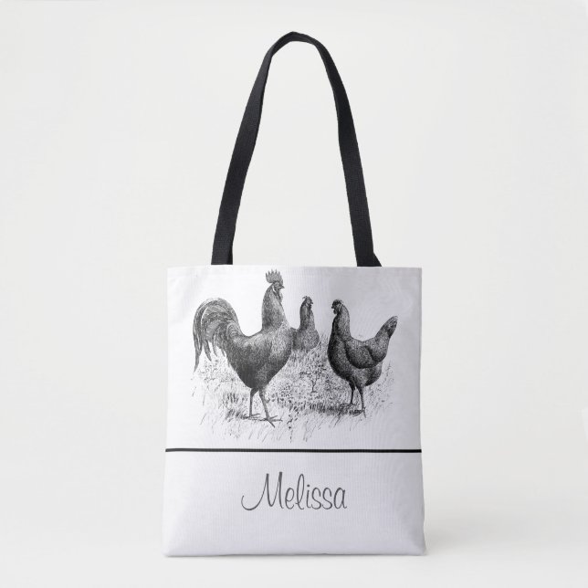 Vintage Chickens and Rooster | Personalized Tote Bag (Front)