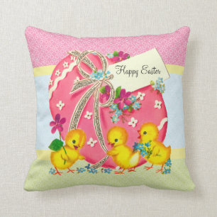 Vintage Chicks and Pink Easter Egg Custom Message Throw Pillow