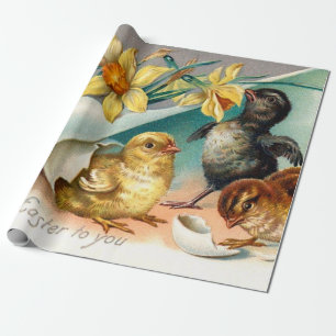 Vintage Chicks with Yellow Flowers Easter Greeting Wrapping Paper