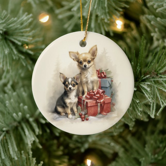 Vintage Chihuahua Christmas Ceramic Ornament (Tree)