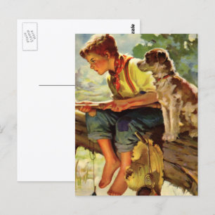Vintage Child, Boy Fishing with His Pet Dog Mutt Postcard