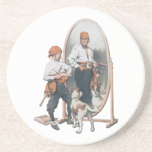 Vintage Child, Boy Pirate, Dog, Mirror, Buccaneer Coaster