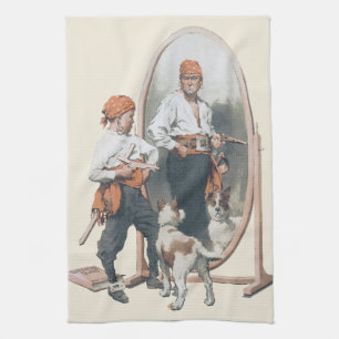 Vintage Child, Boy Pirate, Dog, Mirror, Buccaneer Kitchen Towel