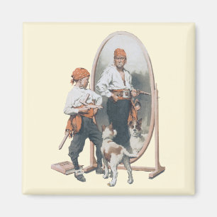 Vintage Child, Boy Pirate, Dog, Mirror, Buccaneer Magnet