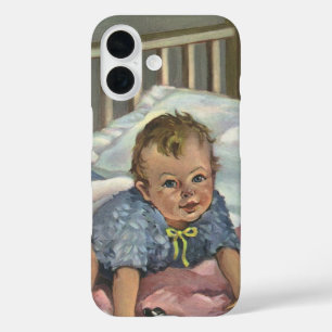 Vintage Child, Cute Baby Playing in Crib, Nap Time iPhone 16 Case