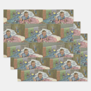 Vintage Child, Cute Baby Playing in Crib, Nap Time Wrapping Paper Sheet