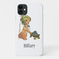 Vintage Child Cute Blonde Girl Talking on Toy Phon