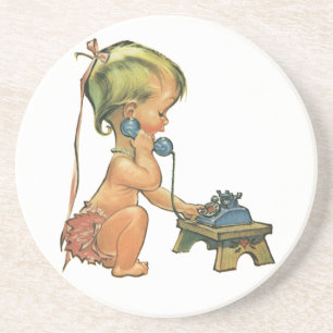 Vintage Child Cute Blonde Girl Talking on Toy Phon Coaster