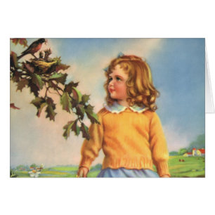 Vintage Child, Girl Watching Birds in Tree, Spring