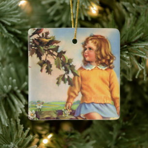 Vintage Child, Girl Watching Birds in Tree, Spring Ceramic Ornament