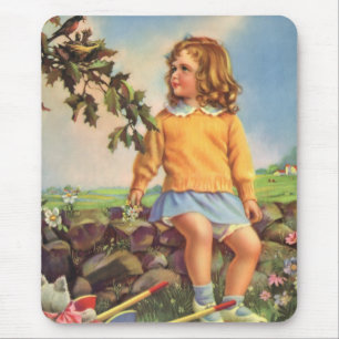 Vintage Child, Girl Watching Birds in Tree, Spring Mouse Pad