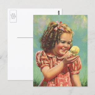 Vintage Child, Happy Smile, Girl with Baby Chick Postcard