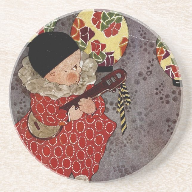Vintage Child Harlequin, Musician Playing Banjo Coaster (Front)