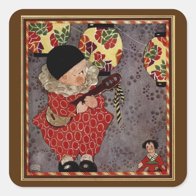 Vintage Child Harlequin, Musician Playing Banjo Square Sticker (Front)
