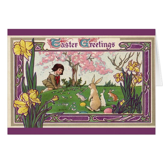 Vintage Child on an Easter Egg Hunt with Animals Card