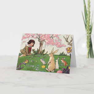 Vintage Child on an Easter Egg Hunt with Animals Holiday Card